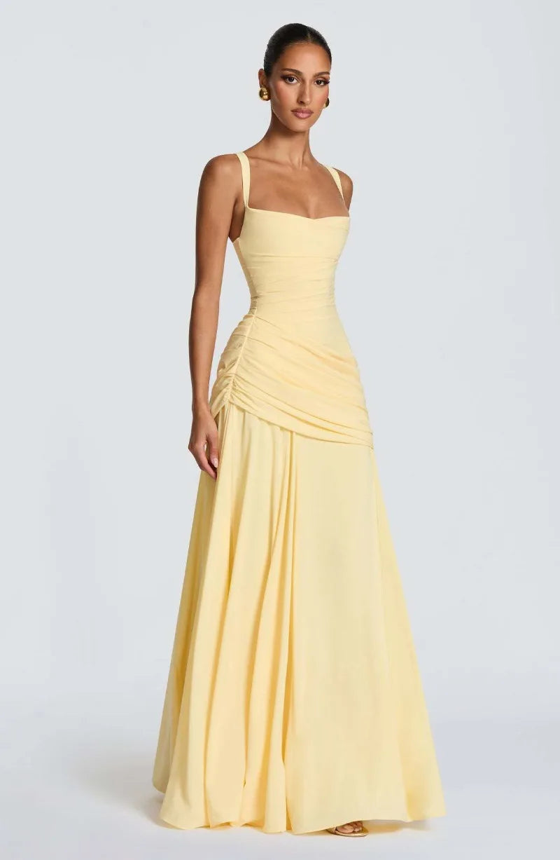 Women Yellow Low Cut Backless High Waisted Dress Cincher Spaghetti Strap Vestidos Party Club Women Robe Elegant Evening Dress