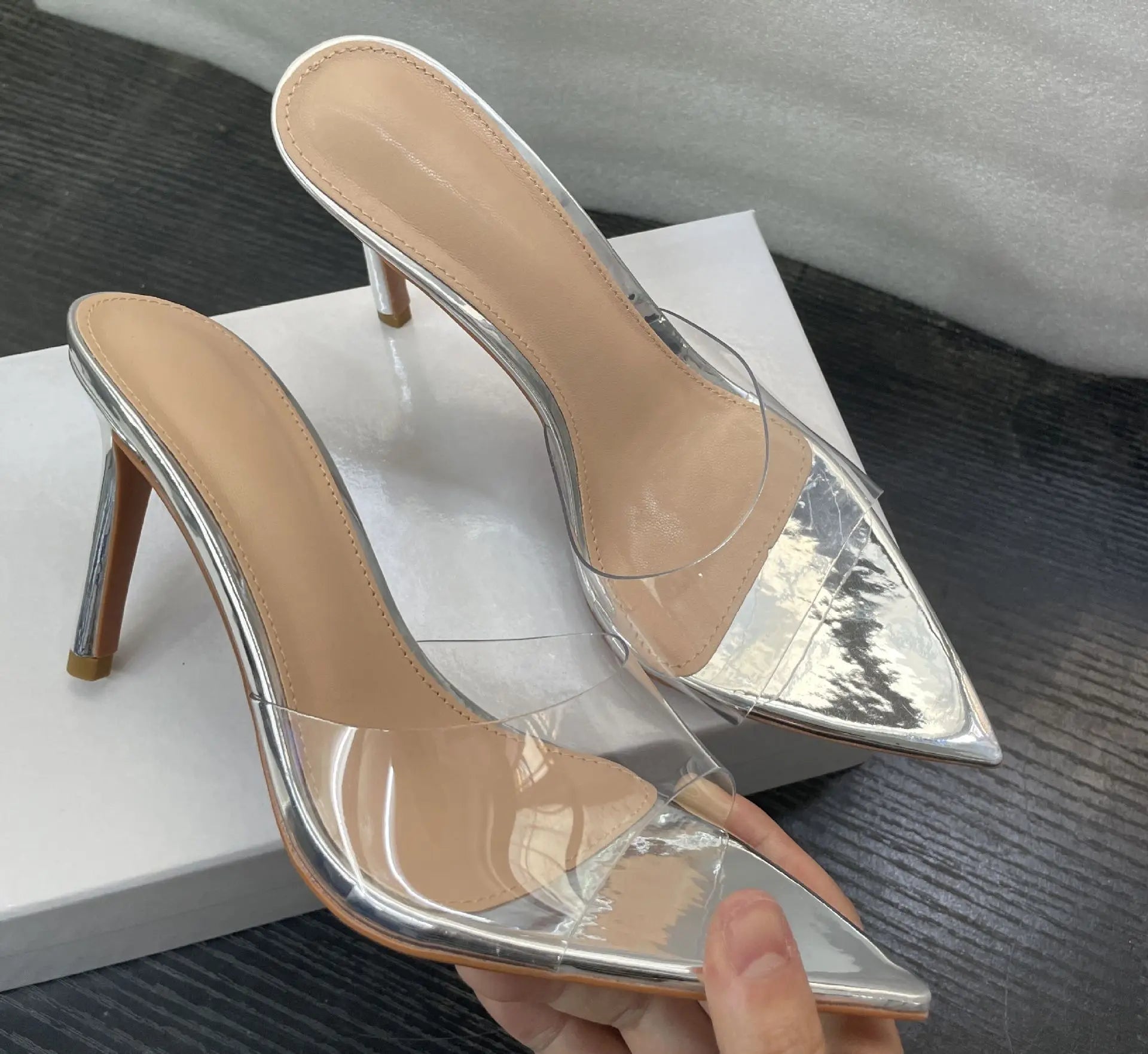 New Summer Women's High-heeled Sandals Transparent High-heeled Slippers Stiletto Pointed Toe Slip-on High-heeled Sandals