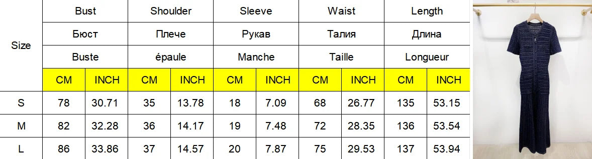Cinched Waist Sequin Maxi Dress for Women Round Neck Short Sleeved Knitted Dresses 2026 NEW Hollow Out Single Breasted Midi Robe