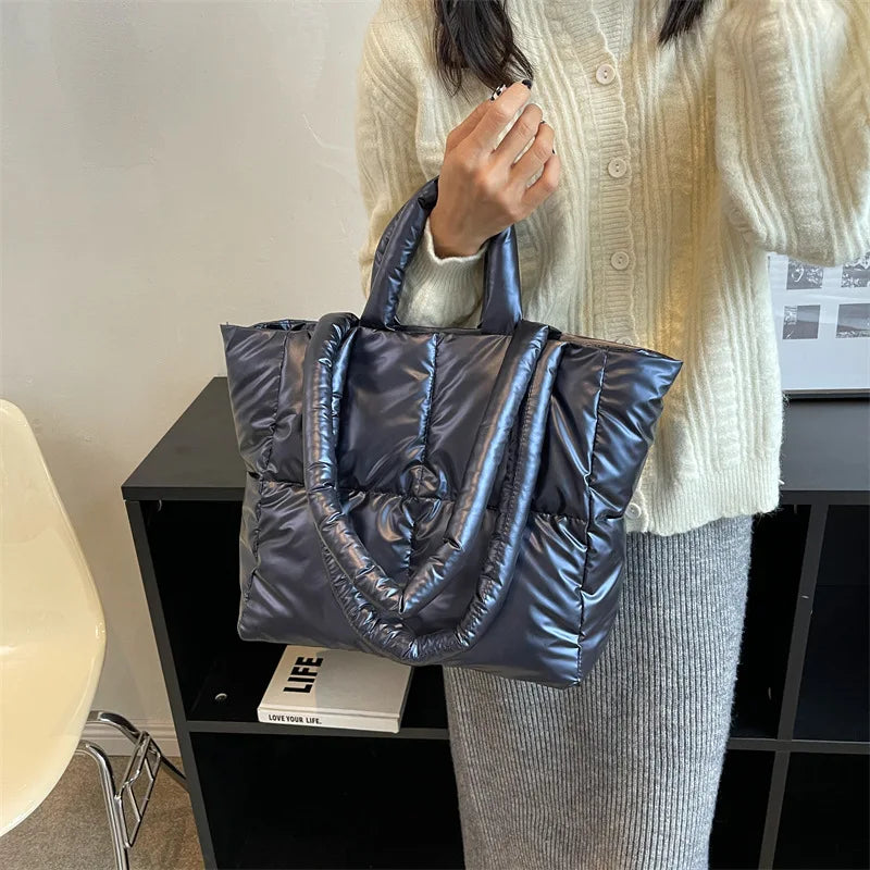 Designer Puffy Shoulder Bag Women Quilted Space Down Feather Padded Cotton Handbag Winter Large Capacity Warm Shopping Purse