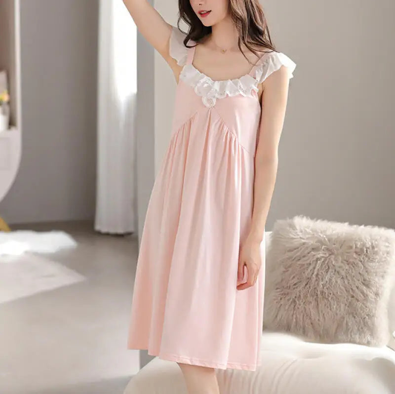 Cotton Sleepshirt Lady Sexy Chemise Sleepwear Lace Flower Patchwork Nightdress Home Dressing Gown Summer New Lingerie Nightwear