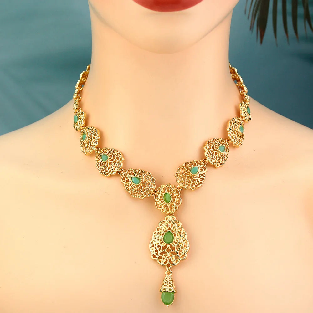 Sunspicems Charm Morocco Choker Necklace For Women Gold Color Droplet Crystal Necklace Hollow Arabesque Bride Wedding Jewelry