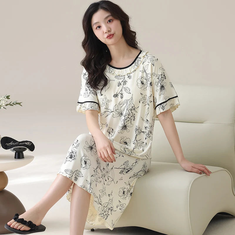 Women Modal Nightdress Small Flower Sleep Dress Short Sleeve Sleepshirt Ruffles Nightshirt Nightgown Sleepwear 4XL5XL Home Dress