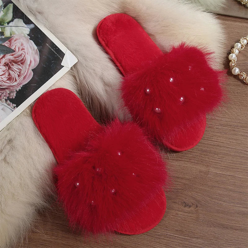 Elegant Pearls Cotton Slippers Women 2025 Winter Indoor Plush Home Slides Woman Open Toe Soft Sole Cotton Slippers Ladies