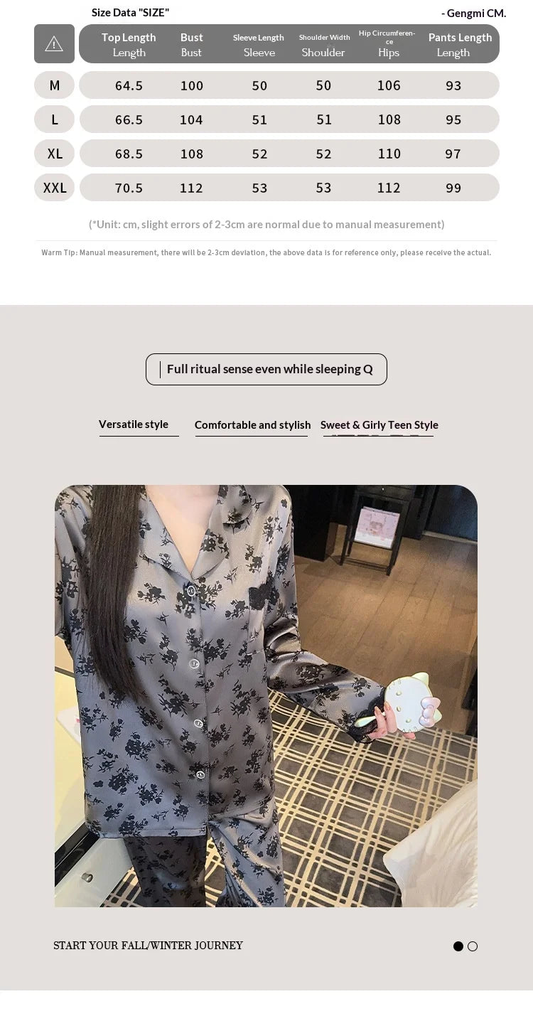 Spring New Women's Long Sleeved Ice Silk Sleepwear Home Suit Set with Floral Lace Loose Sleepwear Home Suit Long Sleeved Set