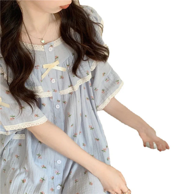 Summer Ladies Pajamas Loungewear Set Princess Style Sweet Lace Small Floral Short Sleeve Shorts Loose Plus Size Loungewear