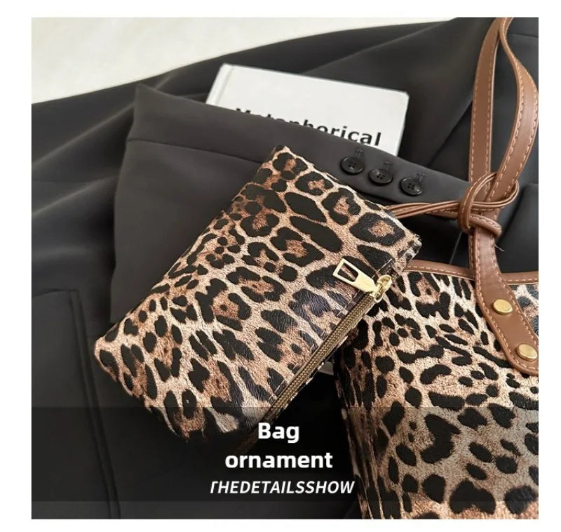 Women's Leopard Print Tote bag Pu Leather Underarm Bags Simple Casual Travel Shopping Bag Large Capacity Mother and Child Packag