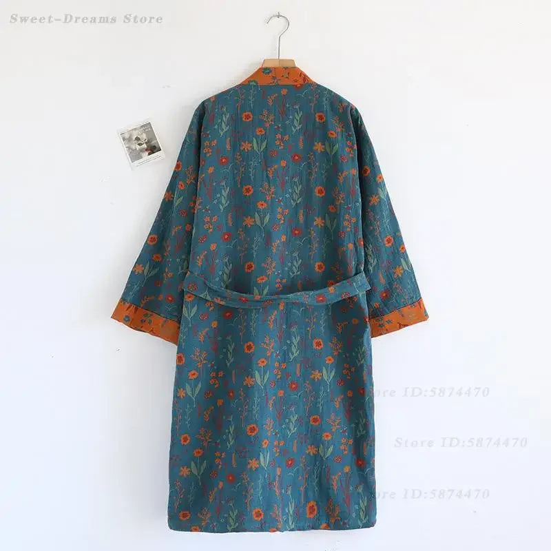 Spring Summer Yukata Print Flower Cotton Robe Sleepwear Female Japanese Retro Kimono Bathrobe Loose Casual Home Dressing Gown