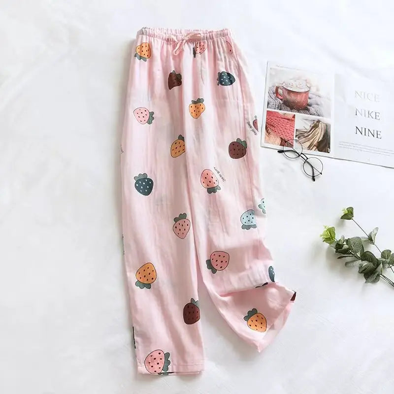 Women's Pure Cotton Pajama Pants Home Pants Double-layer Gauze Elastic Band Loose Casual Pants Cute Strawberry Home Pants 2024
