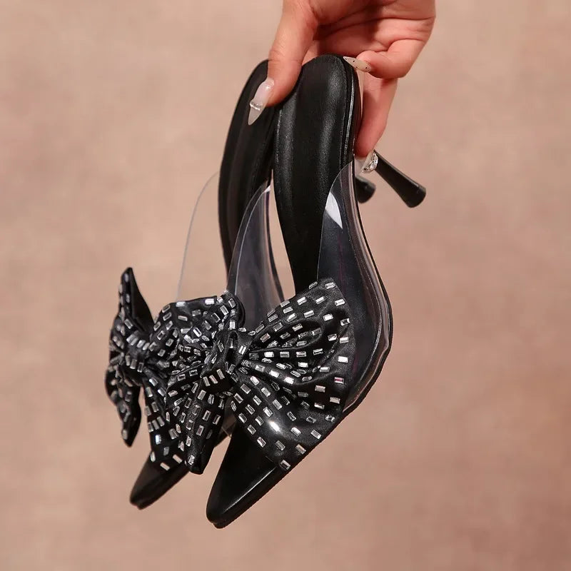 French New Pointed Toe Rhinestone Bow Outwear Summer Block Heel Half-Slip Pump for 2026