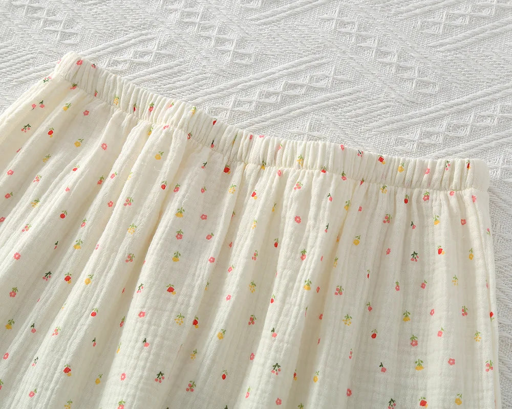 Pajamas pure cotton three-piece set spring and summer thin crepe autumn gauze lapel short-sleeved trousers shorts loungewear set