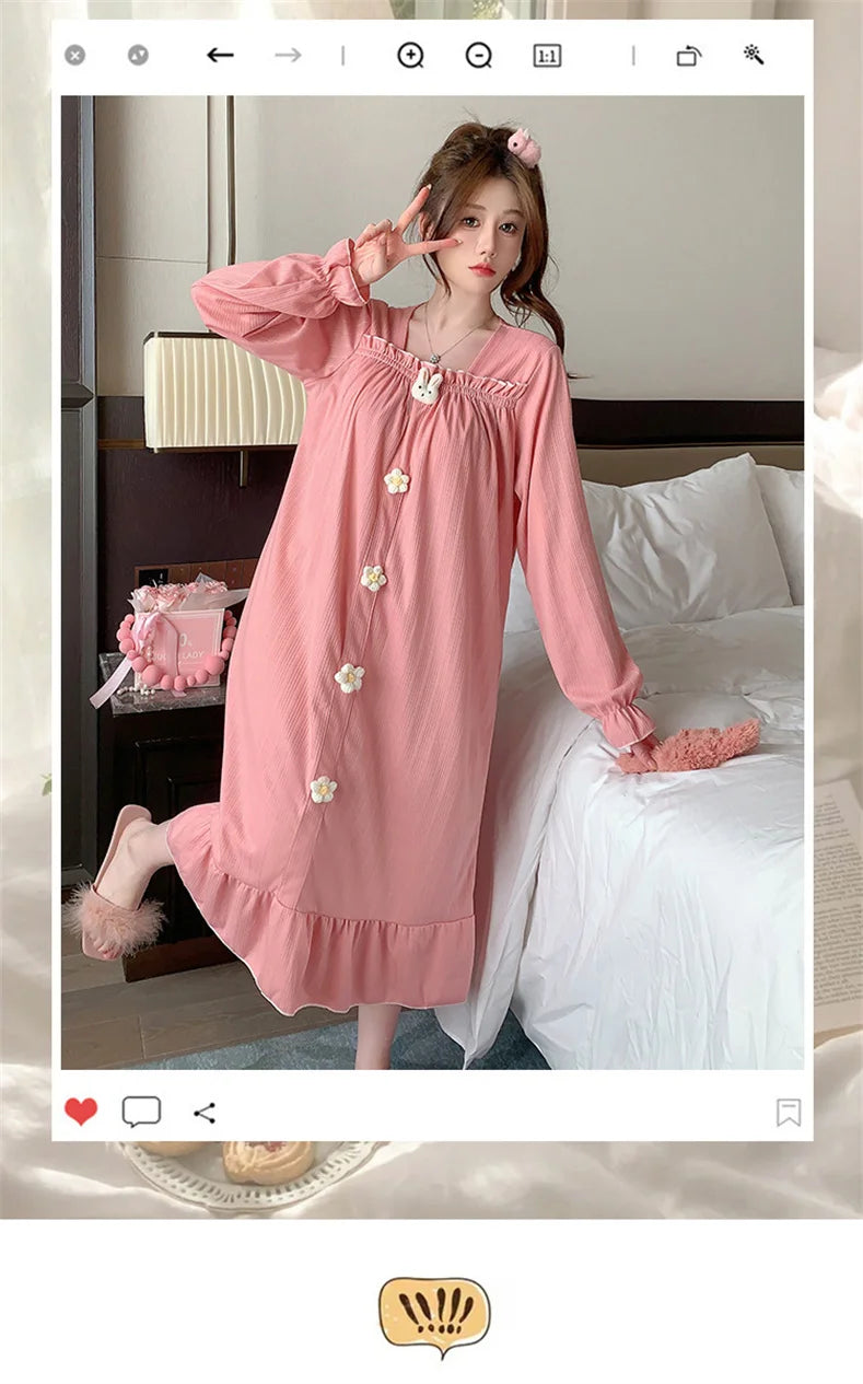 Autumn Winter New Women Cotton Nightdress With Chest Pad Long Dress Sweet Loose Long Sleeve Home Wear