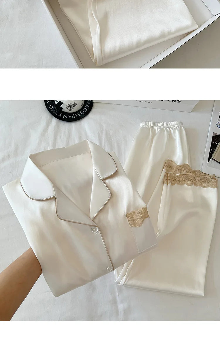 Women's Spring/Autumn Ice Silk Nightwear Set Luxurious Lace Trim Long-Sleeved Lightweight Homewear Actual Product Photography