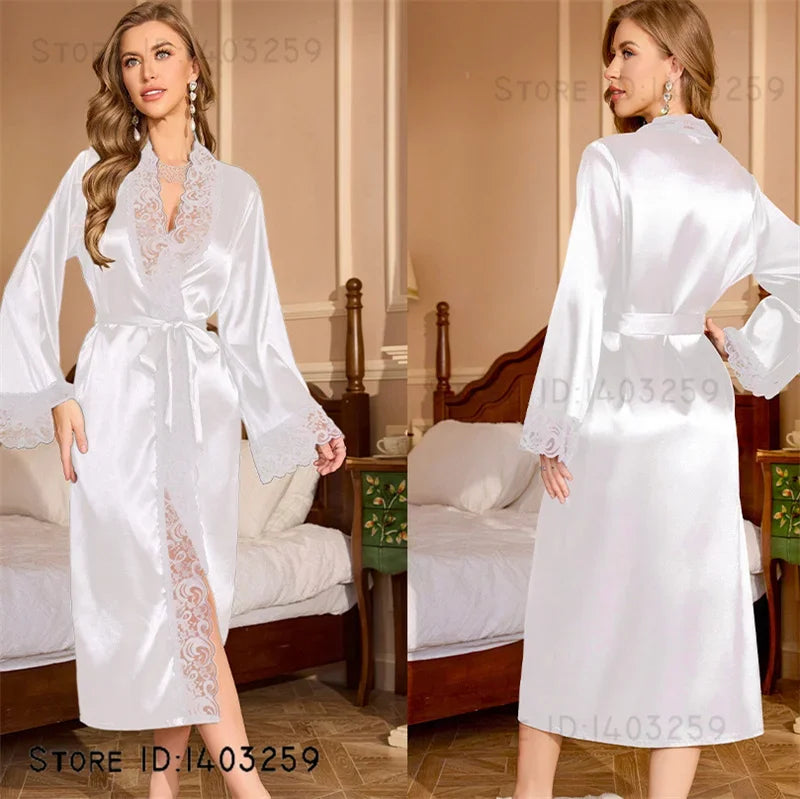 Black Silk Satin Long Robe Negligee Kimono Bathrobe Gown Spring Summer New Female Sleepwear Home Dressing Gown Loose Loungewear