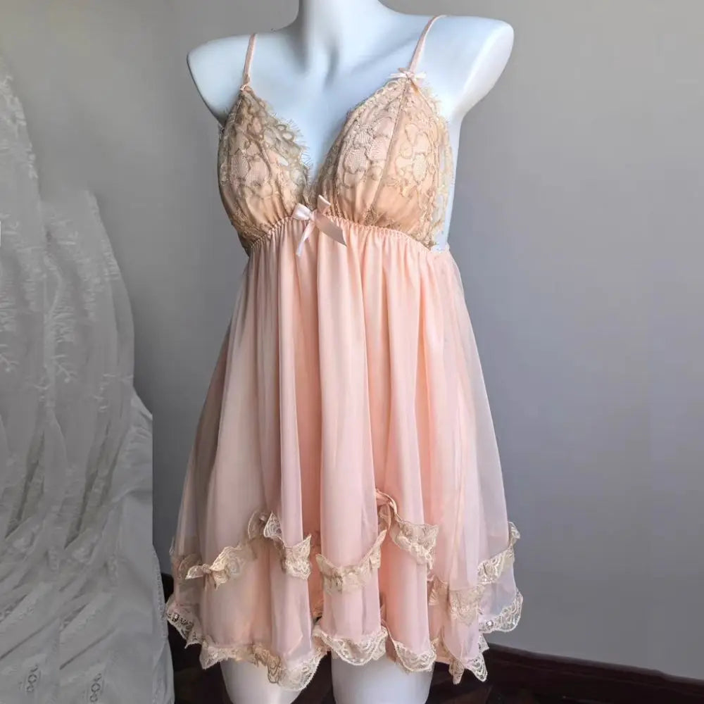 Lace Bowknot Women's Pajama Dress Flower Ruffle Suspender Nightdress Sleeveless Sleepwear Sling Nightgown with Pads Summer