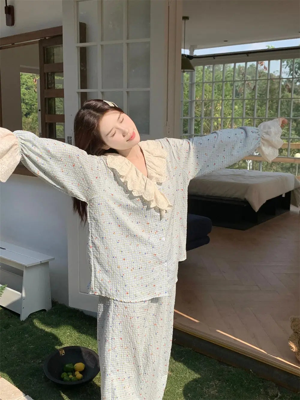 Korean Style Sweet Style Floral Pajamas for Women New Long Sleeve Long Pants Lace Trim Homewear Set Autumn Winter Loungewear Hot