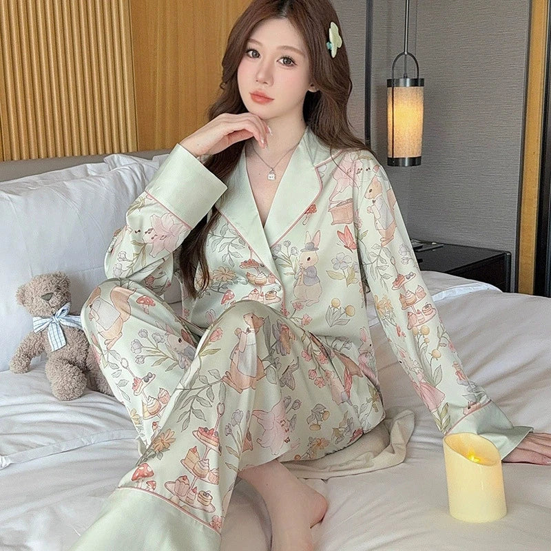 Silk Satin Female Pajamas Sleepwear 2PCS Set Fashion Print Flower Home Clothes Trouser Suits Spring New Loose Casual Nightwear
