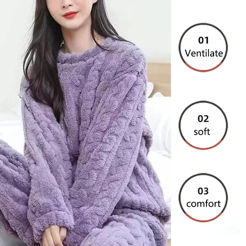 Ensemble pyjama épais et chaud en molleton de corail pour femme, vêtements de maison imprimés de dessins animés, vêtements de nu