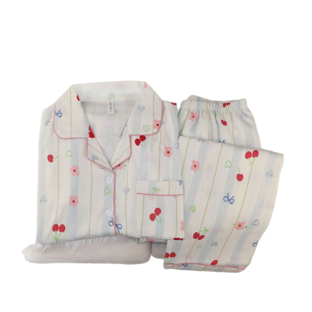 New Pajamas with Cherry Print for Girls Sweet Collared Cardigan Two-Piece Home Outfit Women's Sleepwear Homewear Student