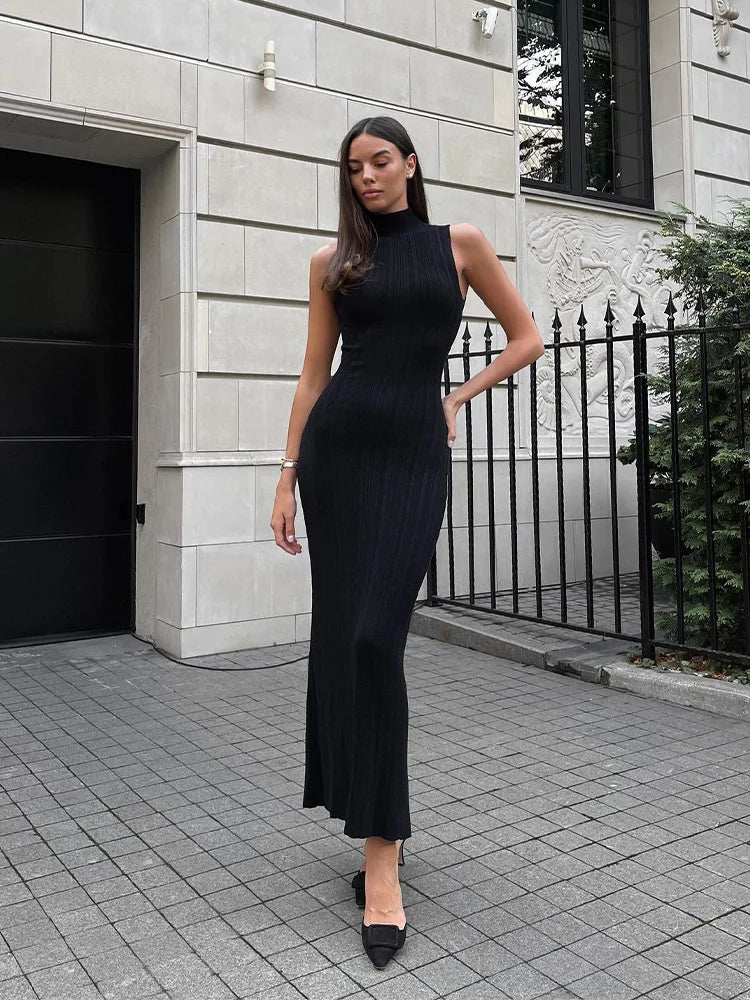 2025 Spring Sleeveless Knitwear Turtleneck Long Dress Female Slim Elegant Fashion Autumn Ribbed Knit Dress For Women Maxi Dress