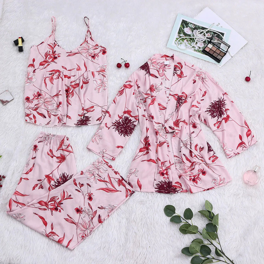 Luxury 3-Piece Pajama Set - Floral Print Camisole + Palazzo Pants + Kimono Robe | Women's Sexy Lounge Wear