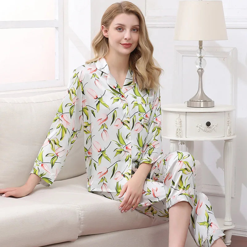 Birdtree Fall 16MM 100%Real Silk Pajama Set Women Satin Print Pyjama Pj Suit Long Sleeve Bedroom Sleepwear Set P36637QC