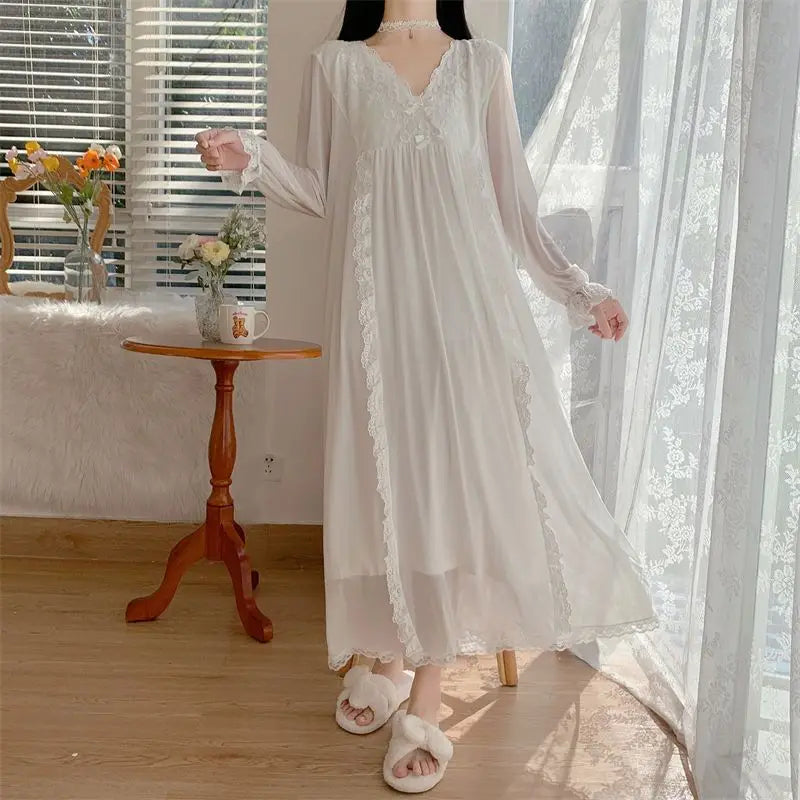 Women's Nightgown Mesh Lace V-neck Long Sleeved Pajamas