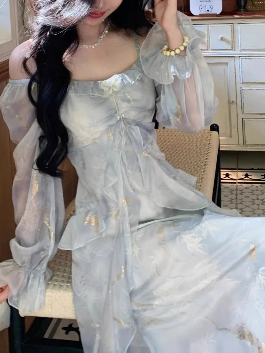 Summer Elegant Print Fairy Long Chiffon Dresses Women Off Shoulder Ruffles A-Line Birthday Party Dress One Piece Vestidos New