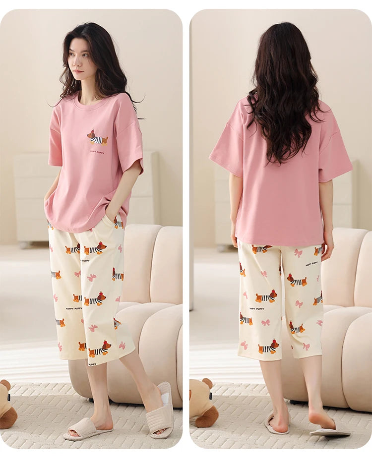MiiOW 2Pcs Summer Women's Pajamas Set Cotton Short Sleeve Woman Homewear Cute Pink Patchwork Print Girls Pajamas Woman Sleepwear