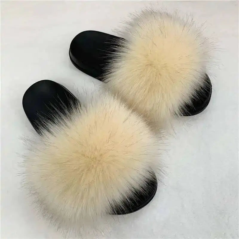 Ladies Fluffy Slippers Summer Women Faux Fur Soft Slides Stylish Open Toe Sandals Outdoor Indoor Furry Comfortable Beach Shoes