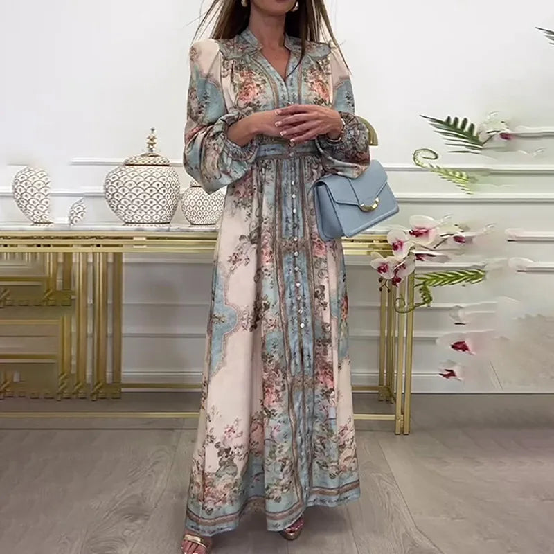 Womens Boho Floral Print Long Sleeve V Neck Button Front Belted Maxi Dress Casual Summer Beach Vacation Long Dress