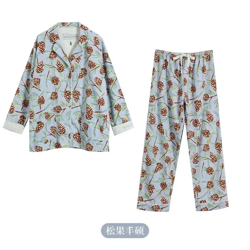 New Loungewear Women Spring Fall Slwwpwear 100% Cotton Floral Print Long Sleeve Pijamas Women 2 Pieces Home Suit Cat Cartoon