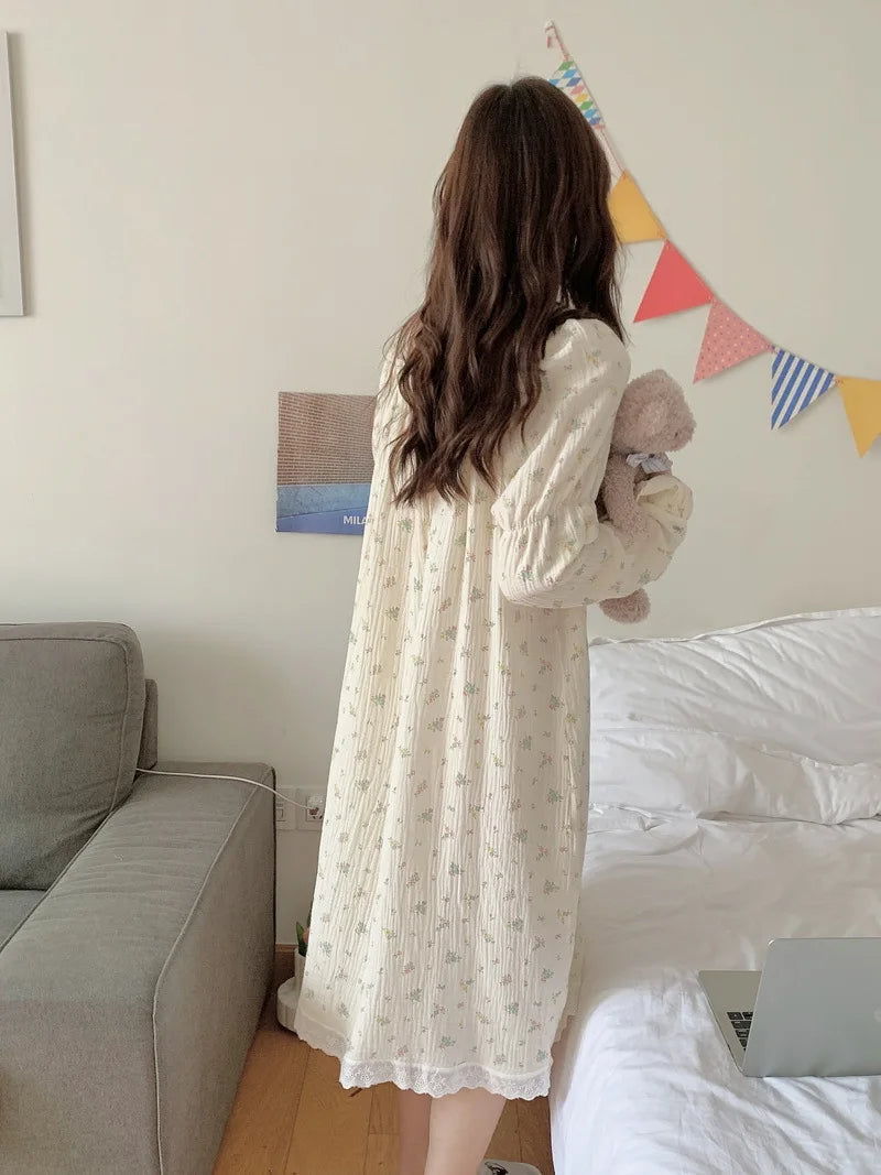 Sweet Girl Floral Print Long Nightdress Sleepwear Spring New Female Cotton Nightgown Lounge Wear Casual Bathrobe Home Wear