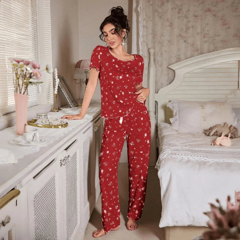 New European and American style loose-fitting women's pajamas, floral short-sleeved long pants home wear, casual two-piece set s