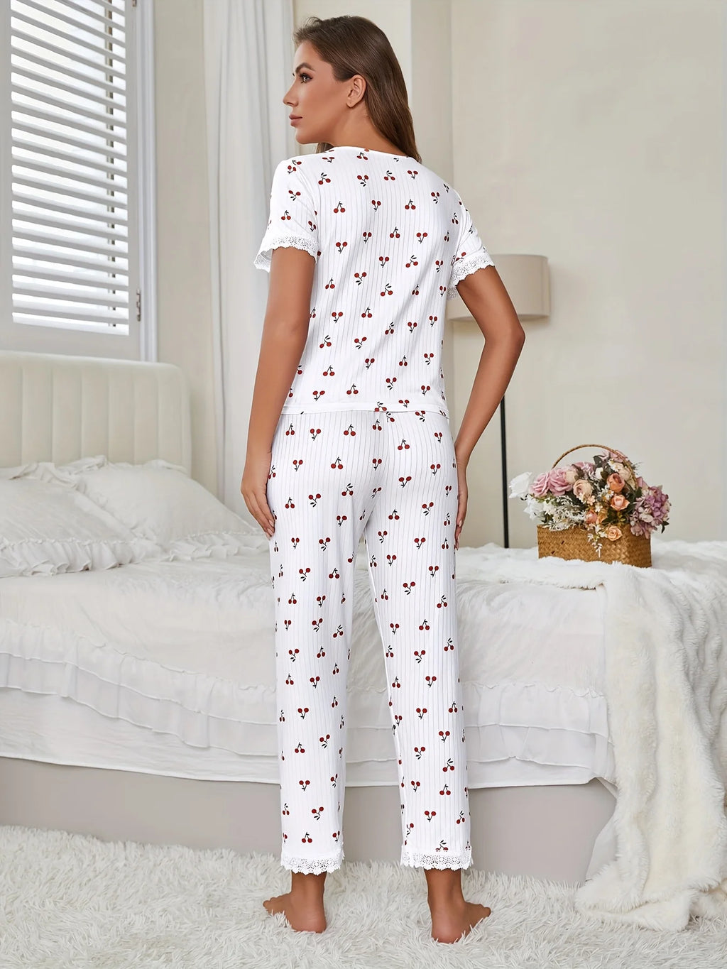 Autumn Winter Cherry Print 2 Pieces Pajamas Set for Women Sleepwear Lace Trim Short Sleeve Top and Trousers Homewear