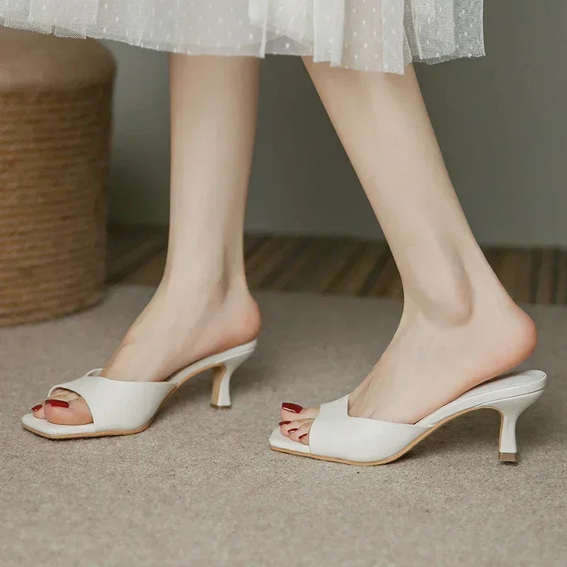 Size 34-42 Women Heeled Mules Sandals Soft Leather High Heels Summer Shoes For Women Slippers Vintage Open Toe Slides