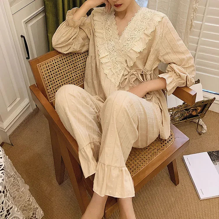 3 Colors Women's Princess Flower Embroidered Lace Pajama Sets.Vintage Lace up Pyjamas Suit.Ladies Home Sleepwear Nightclothes