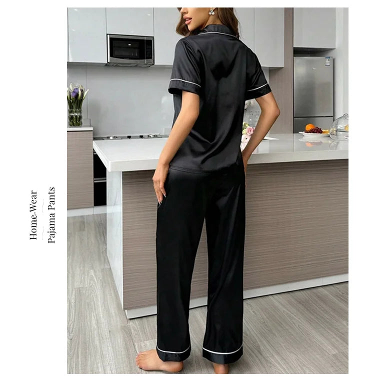 Women Pajamas Sets Spring Short Sleeve Satin Button-Down Top with Pants 2 Piece Pajama Set Sleepwear Pj Set Homewear Loungewear