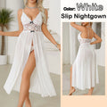 Women Sexy Floral Lace Mesh Nightgown V-Neck Sleeveless High Slit Backless Slip Dress with Bowknot Suspender Lingerie Sleepwear