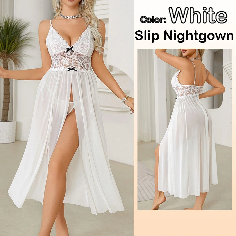 Women Sexy Floral Lace Mesh Nightgown V-Neck Sleeveless High Slit Backless Slip Dress with Bowknot Suspender Lingerie Sleepwear