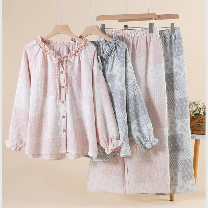 Cottagecore Romantic Pajama Set Women Soft Cotton Gauze Ruffle Neck Loungewear Sweet Patchwork Print Sleepwear 2 Piece Suit