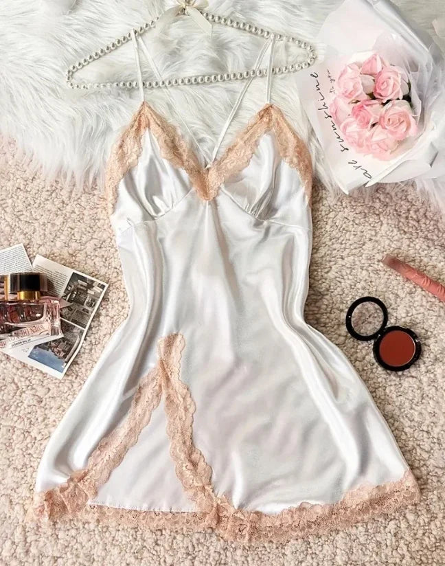 new fashion 2025 casual Satin Floral Embroidery Mesh Patchwork V-Neck Spaghetti Strap Mini Nightgown Sexy Babydoll