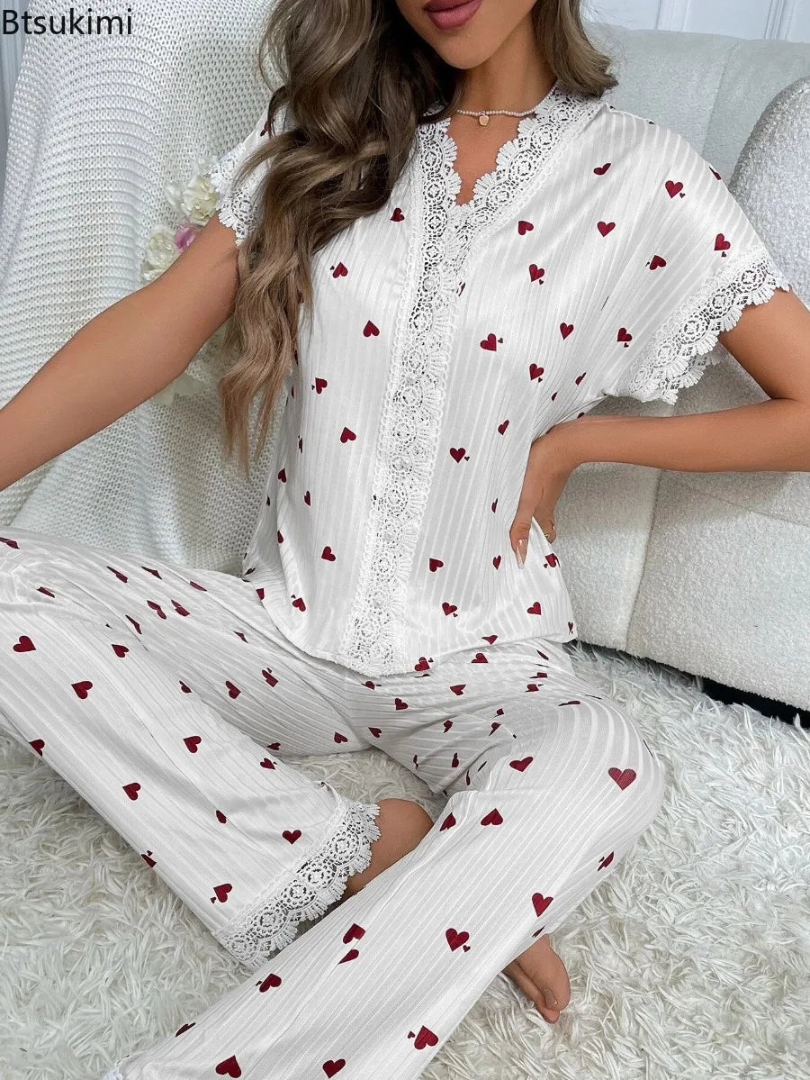 Lace Trim Women Pajama Set Short Sleeve Front Button Top & Full-Length Pants Cherry Print 2 Pieces Sleepwear Nightwear Homewear