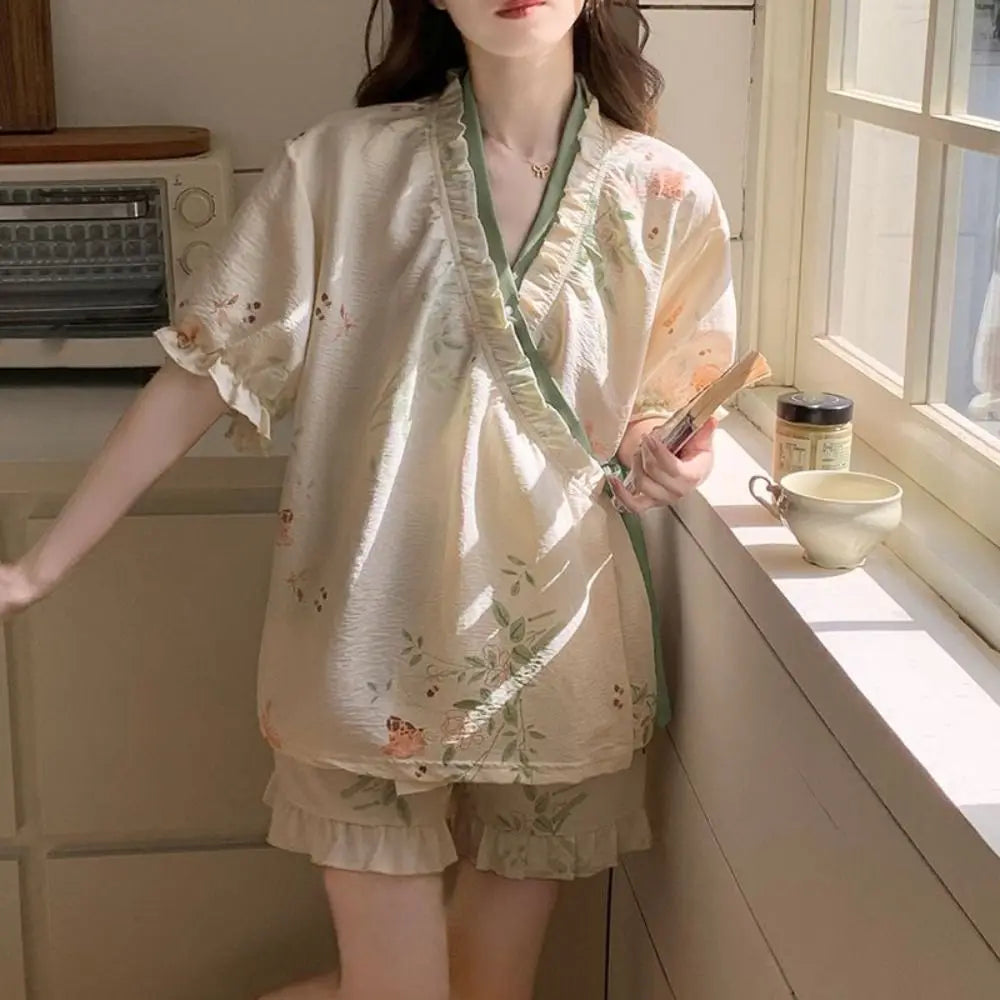 New Chinese Style Lace Up Pajama Suit Flower Reffle Shorts Sleeve Nightwear Women Homewear Loose Two Pieces Sleepwear Sets Home