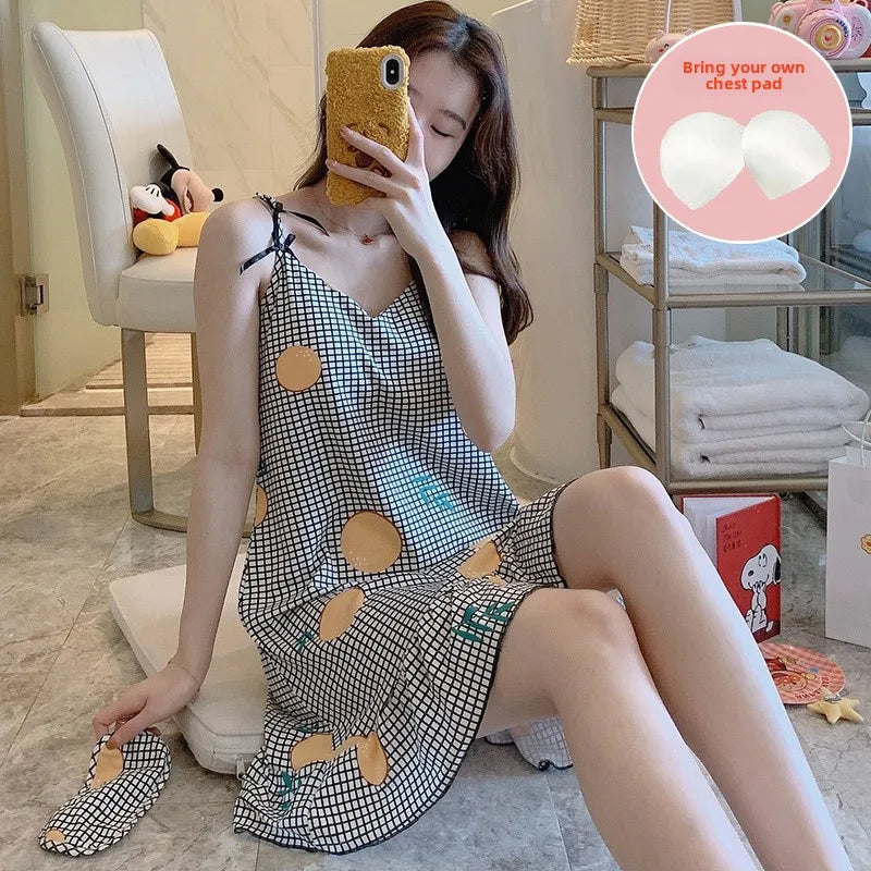 New with Bra Pad, Free Eye Mask, Sling, Loose and Cute Cartoon Animal Pajamas, Nightgown Role-playing Sleepwear Women