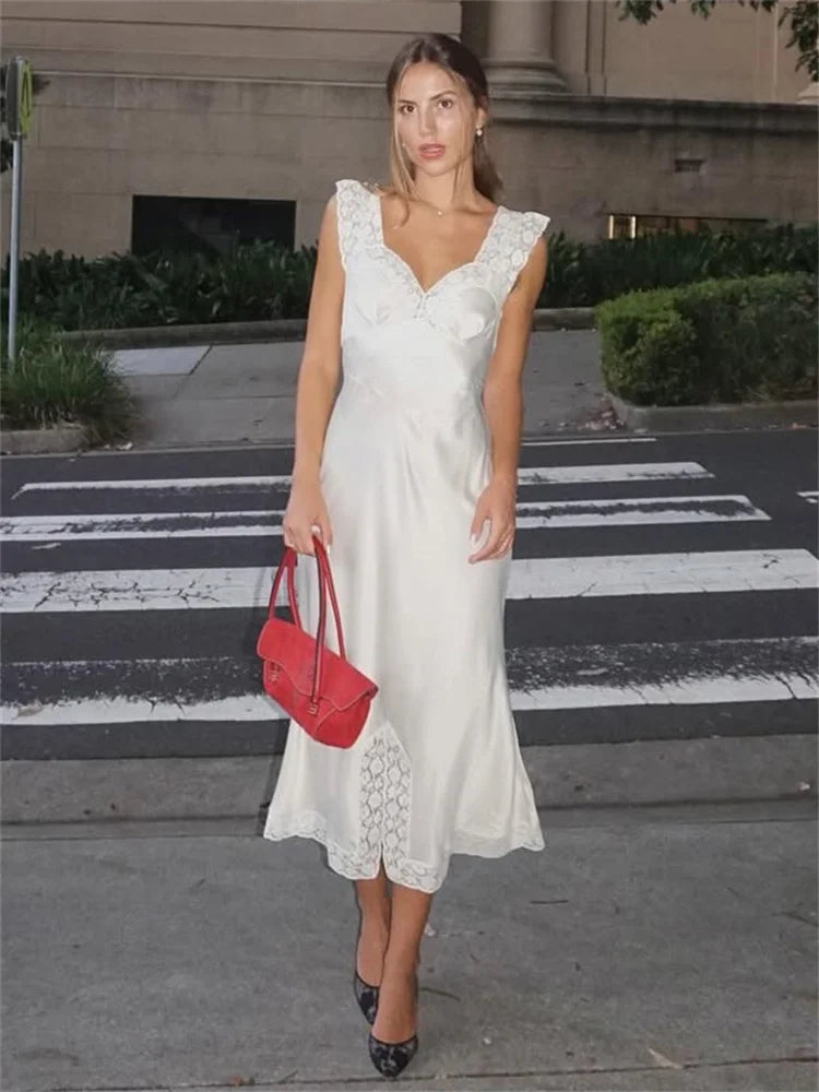 Tossy Fashion Satin Lace Long Dress Women V-Neck Patchwork Hollow Out Sleeveless Lace-Up Dress Evening Female Autumn Maxi Dress
