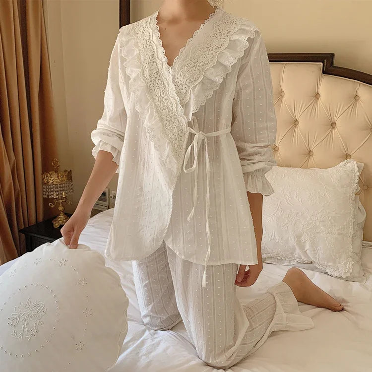3 Colors Women's Princess Flower Embroidered Lace Pajama Sets.Vintage Lace up Pyjamas Suit.Ladies Home Sleepwear Nightclothes