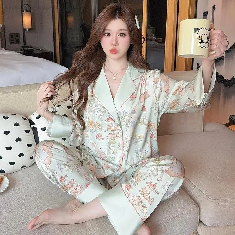 Silk Satin Female Pajamas Sleepwear 2PCS Set Fashion Print Flower Home Clothes Trouser Suits Spring New Loose Casual Nightwear