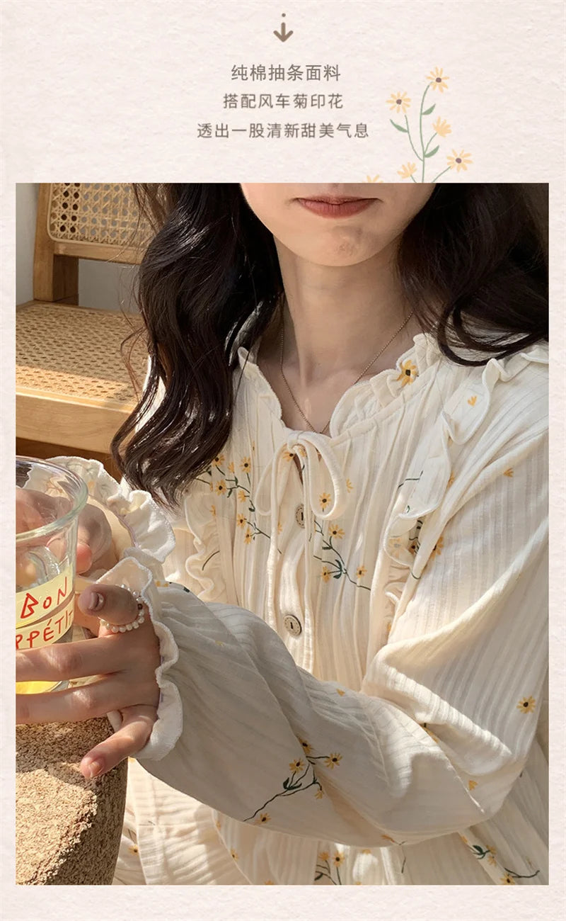 Cotton Women's Pajamas Set Floral Printed Long Sleeve Sleepwear Home Clothes Casual Ladies Nightwear Sleeping Pyjamas Suit