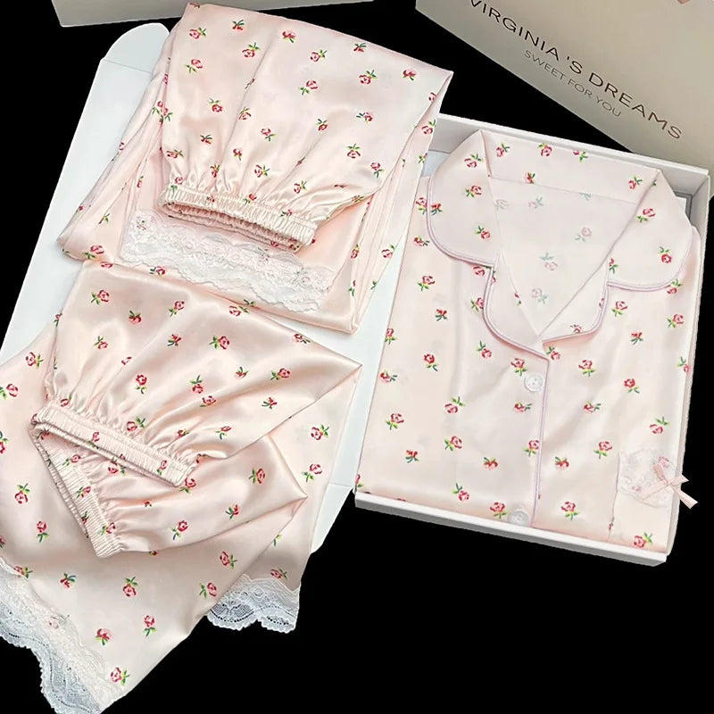Sweet Floral Ins-Style Ice Silk Pure Desire Girl Pajamas Short-Sleeve Three-Piece Set Summer Satin Lace-Trimmed Loungewear